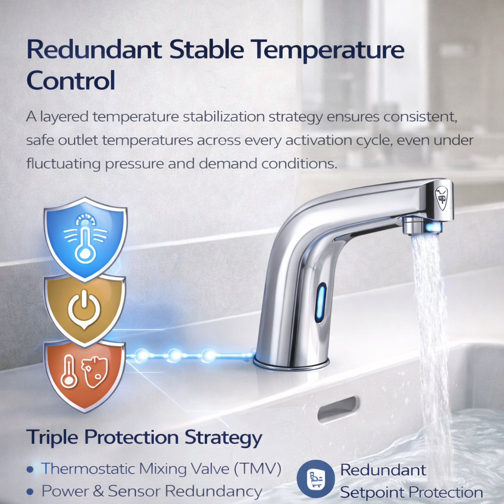 Redundant stable temperature control in touchless faucets